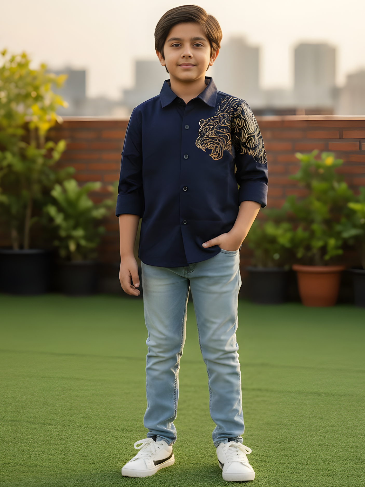 Boys Navy Blue Lion Art Party Wear Shirt