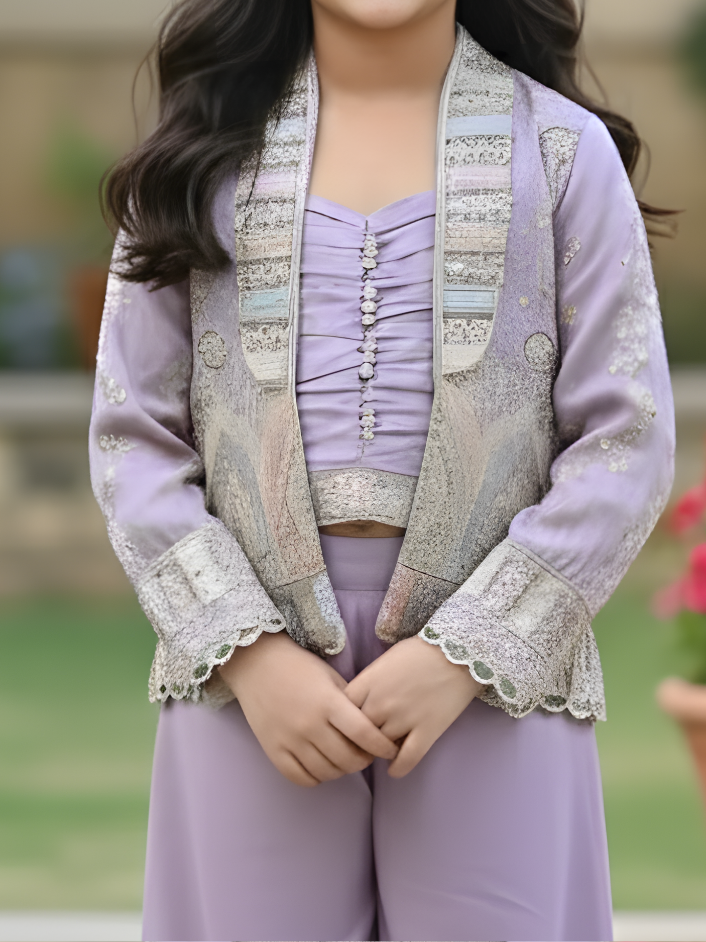 Girls Lavender Purple Embroidered Jacket and Palazzo Set