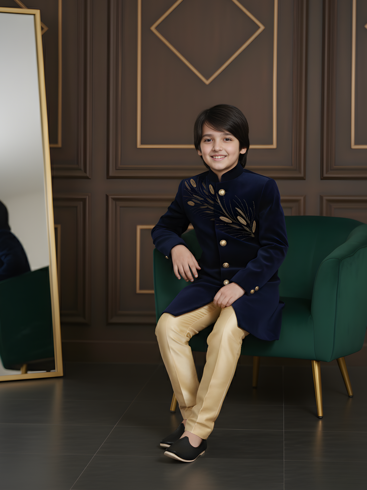 Boys' Blue Velvet Indo-Western Sherwani with Gold Zari Embroidery and Trousers Set