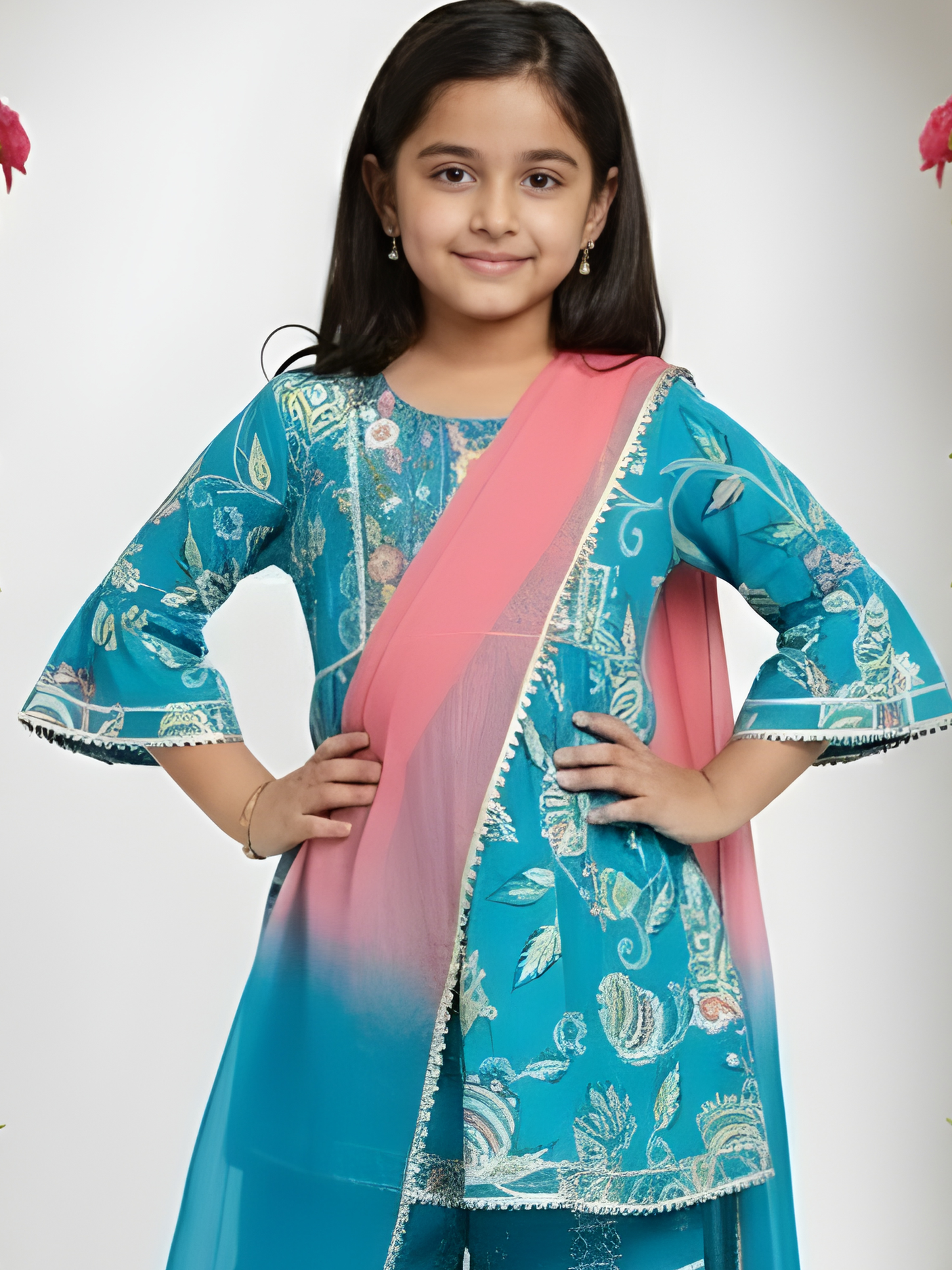 Girls' Turquoise Floral Print Kurta & Gharara Set with Pink Dupatta.