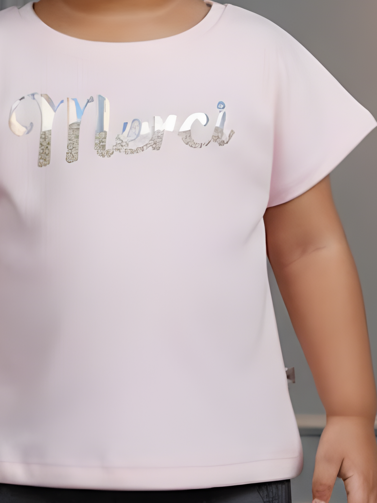 Girls Light Pink "Merci" Graphic Ribbed Tee