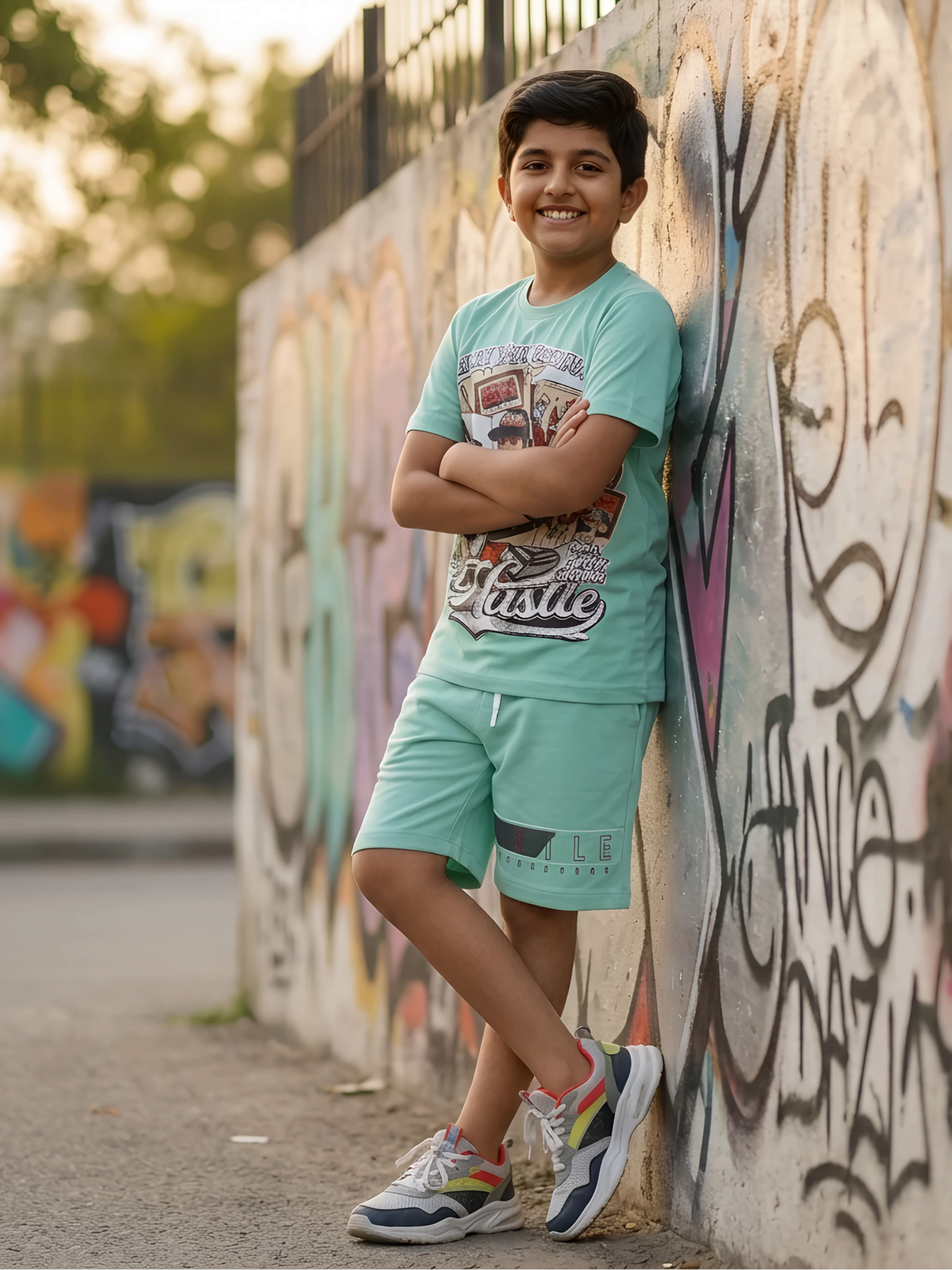 Boys' Mint Green "Hustle" Graphic Streetwear Co-ord Set