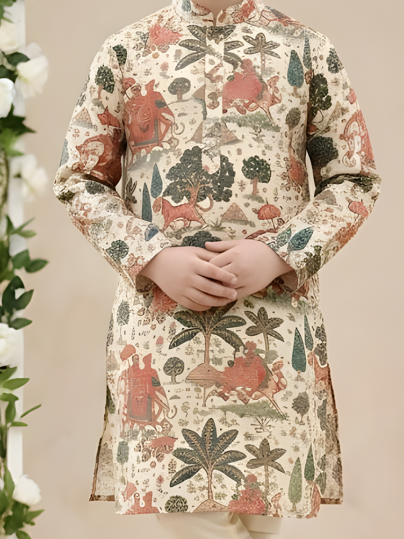 Boys Traditional Printed Chuddidar Kurta Set - Green