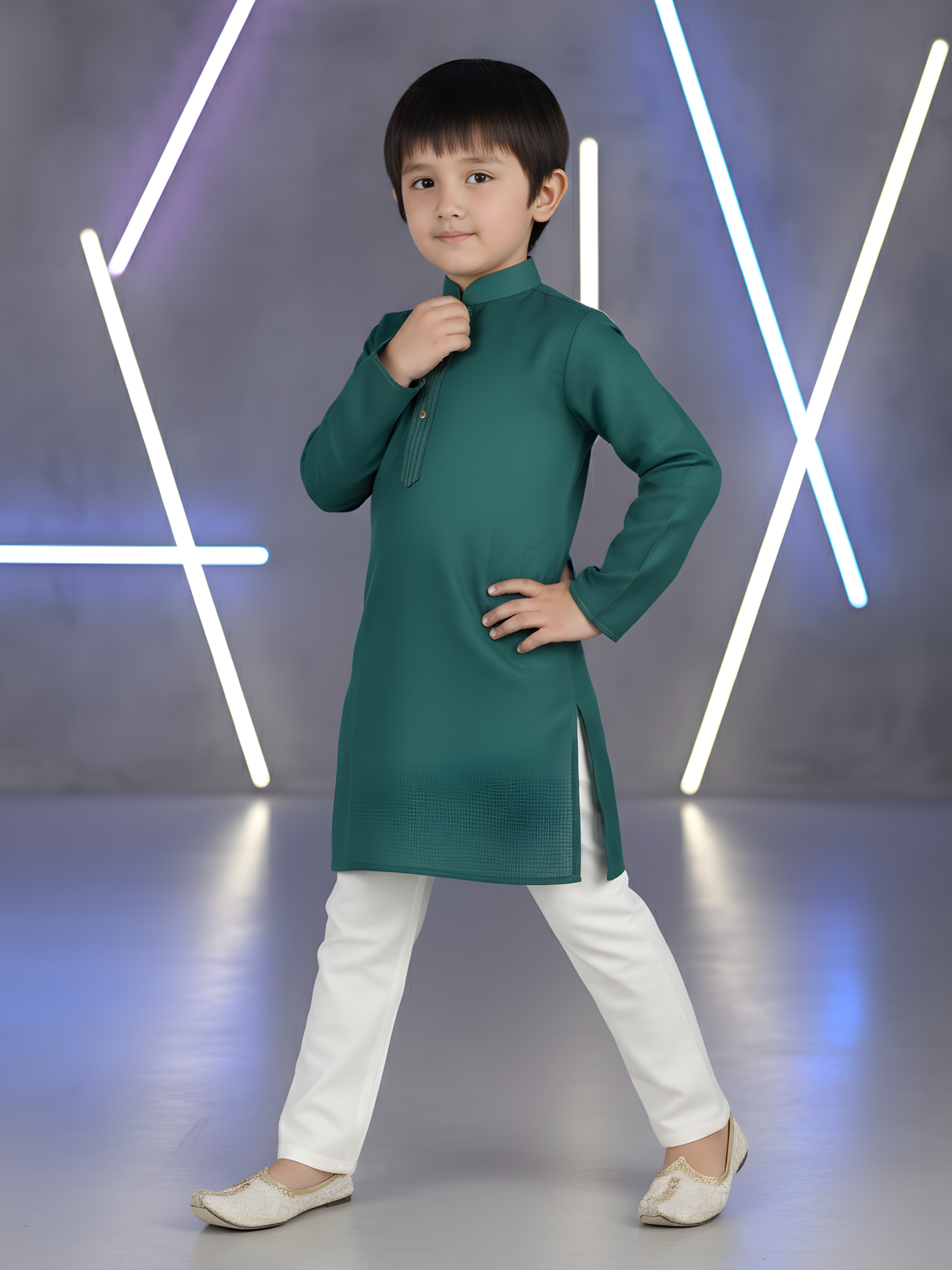 Boys Traditional With Work Chudidar Kurta Set - Blue