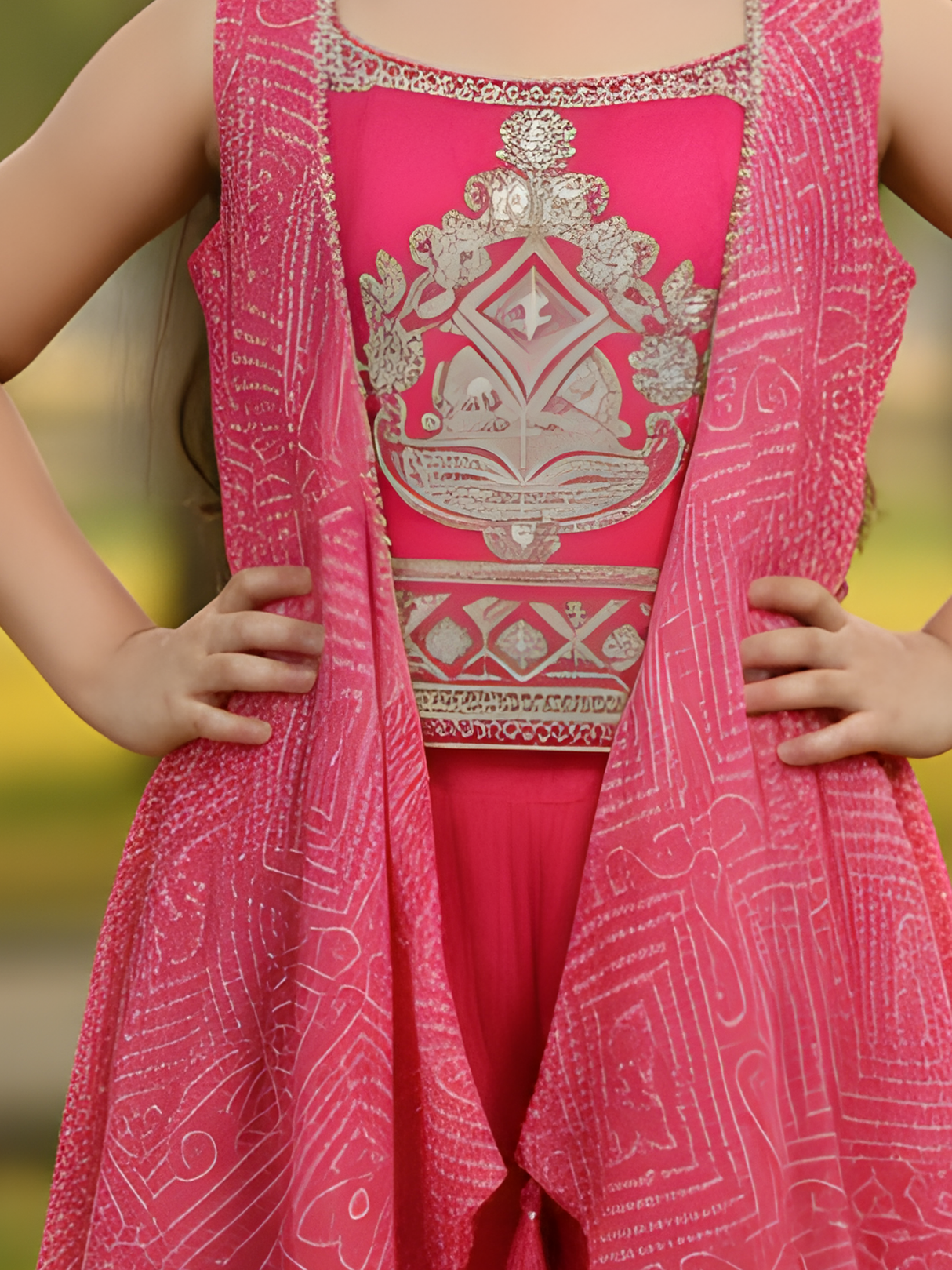 Girls Rani Pink Embroidered Kurta & Sharara Set with Bandhani Shrug