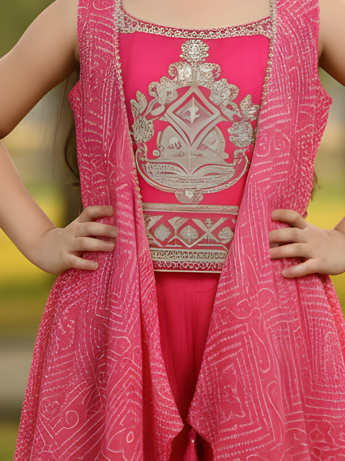 Girls Rani Pink Embroidered Kurta & Sharara Set with Bandhani Shrug