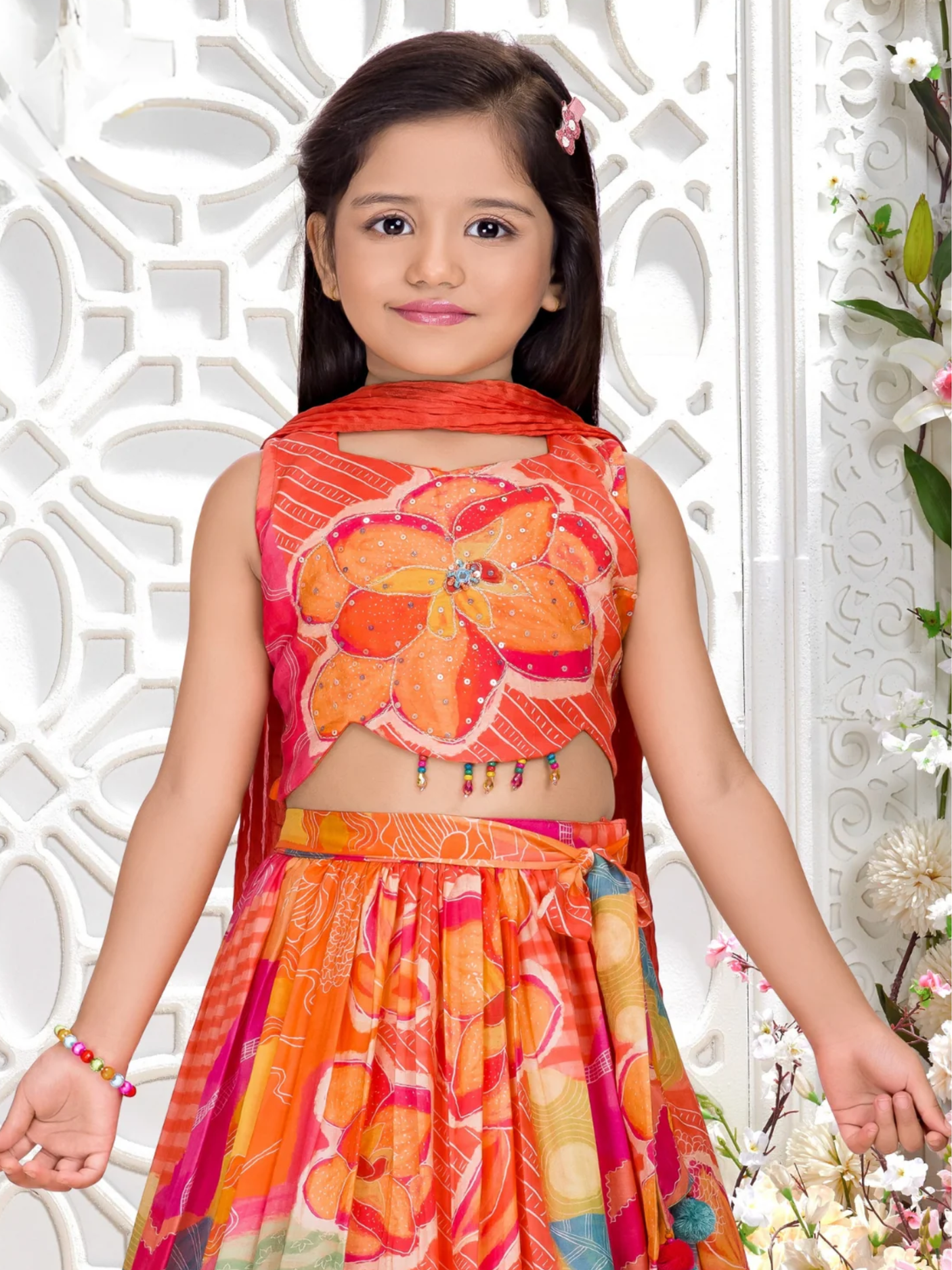Girls' Vibrant Orange Patchwork Lehenga Choli Set with Halter Neck Top