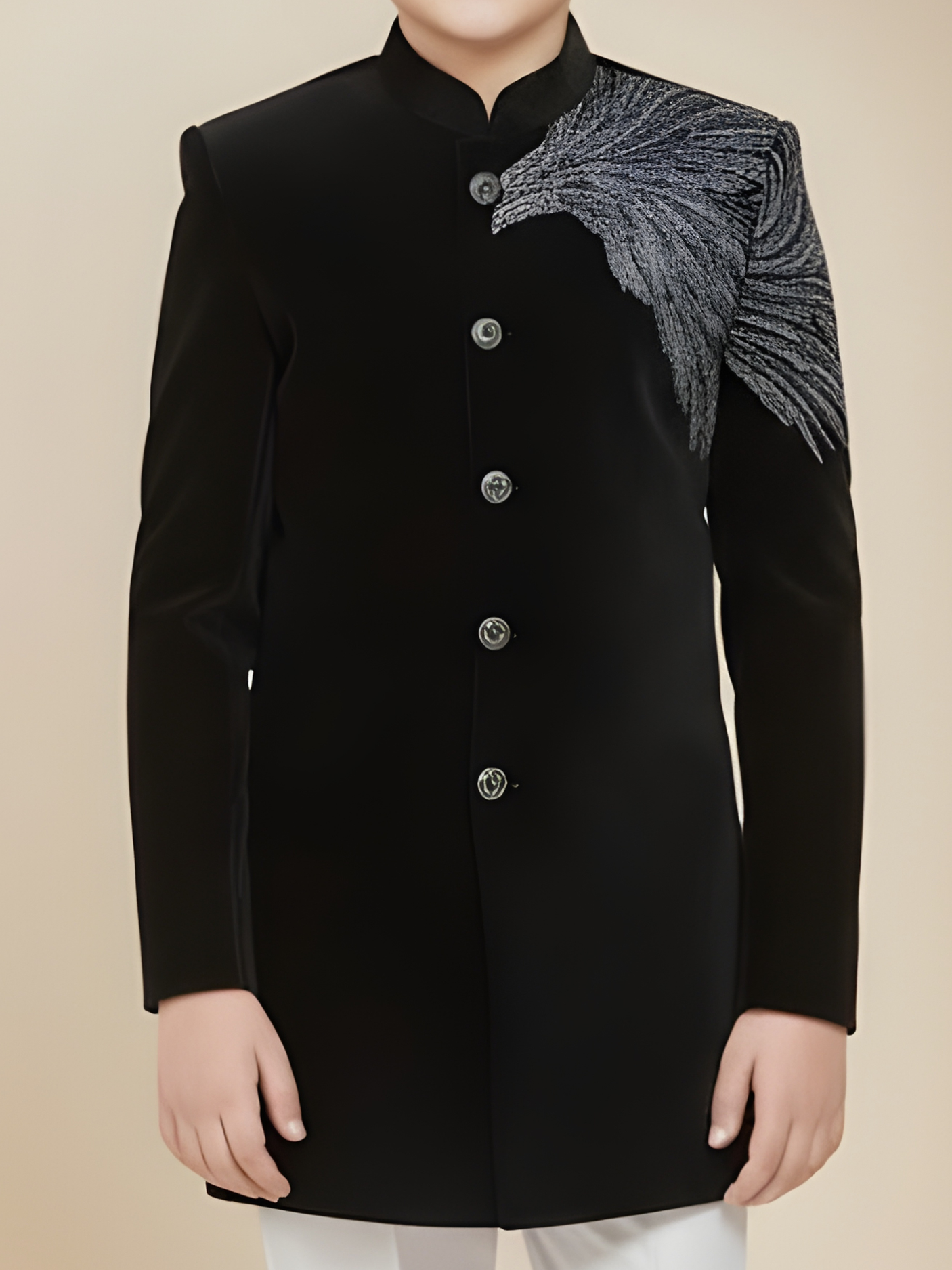 Boys' Black Velvet Jodhpuri Suit with Feather Embroidery