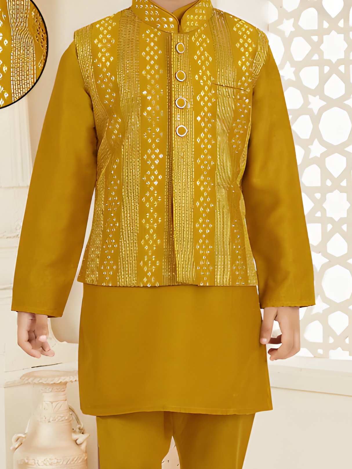 Boys' Mustard Yellow Kurta Set with Gold Patterned Waistcoat