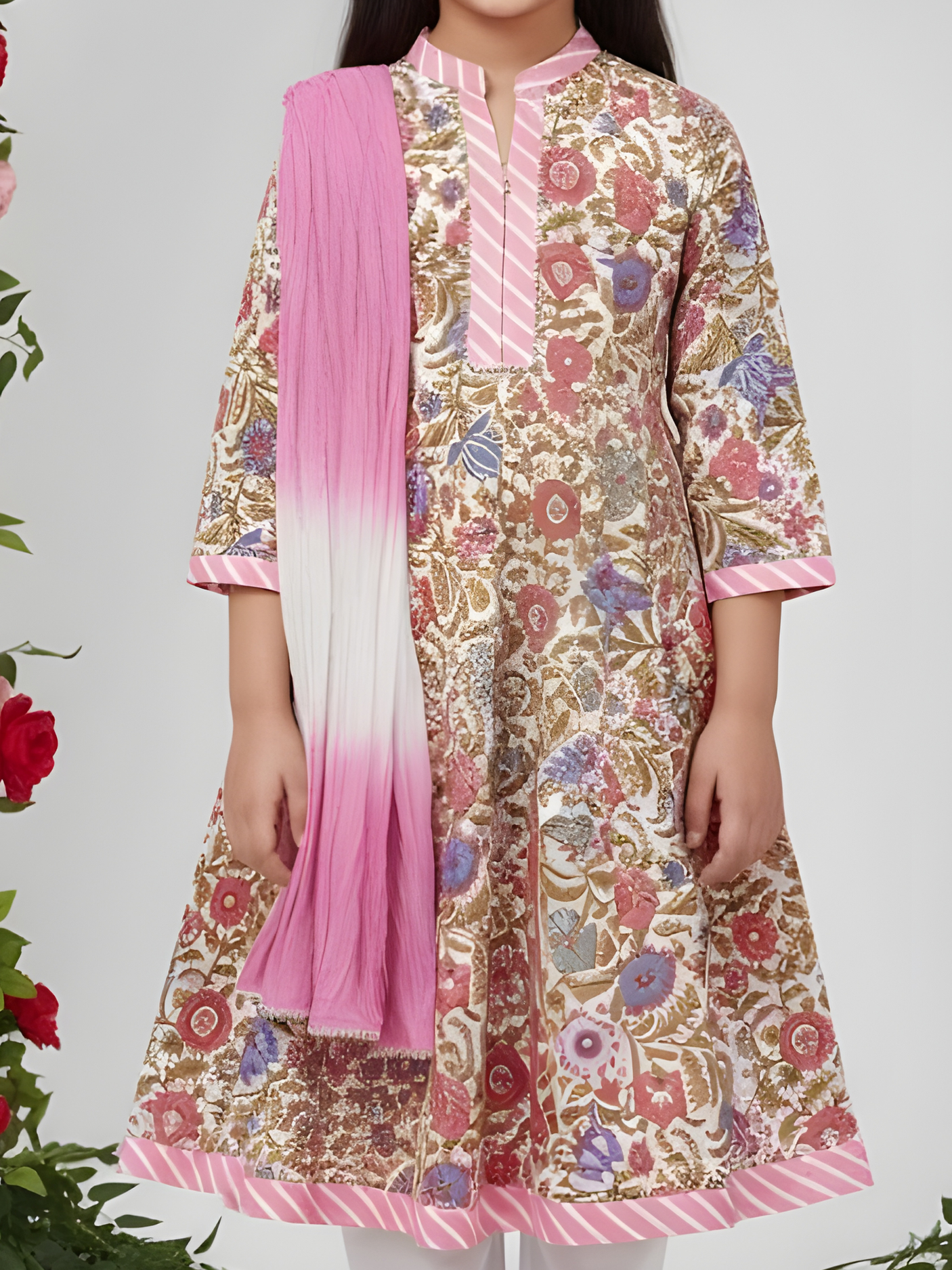 Girls' Casual Block Print Floral A-Line Tunic/Kurti