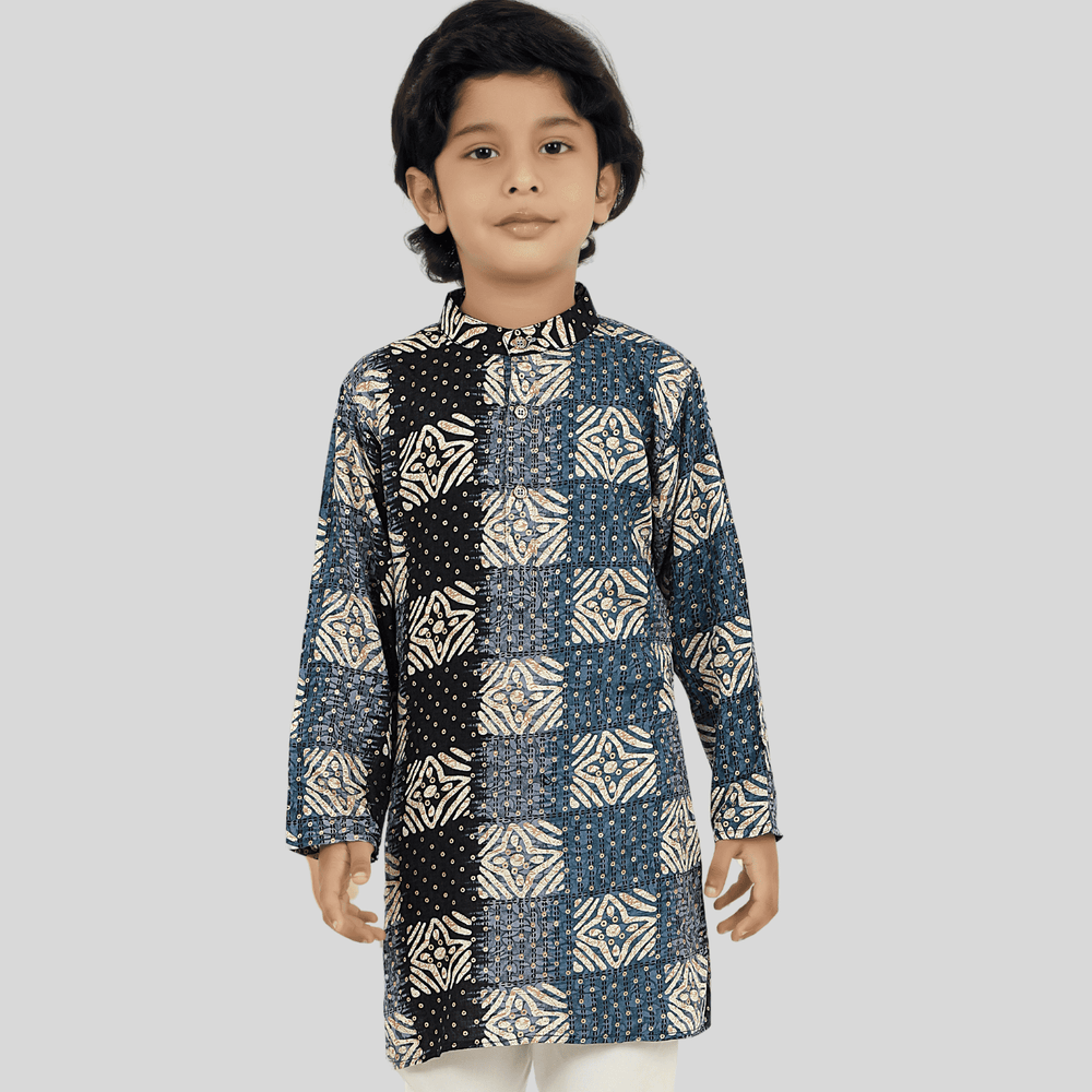 Boys Traditional Printed Chudidar Kurta Set - Navy Blue.