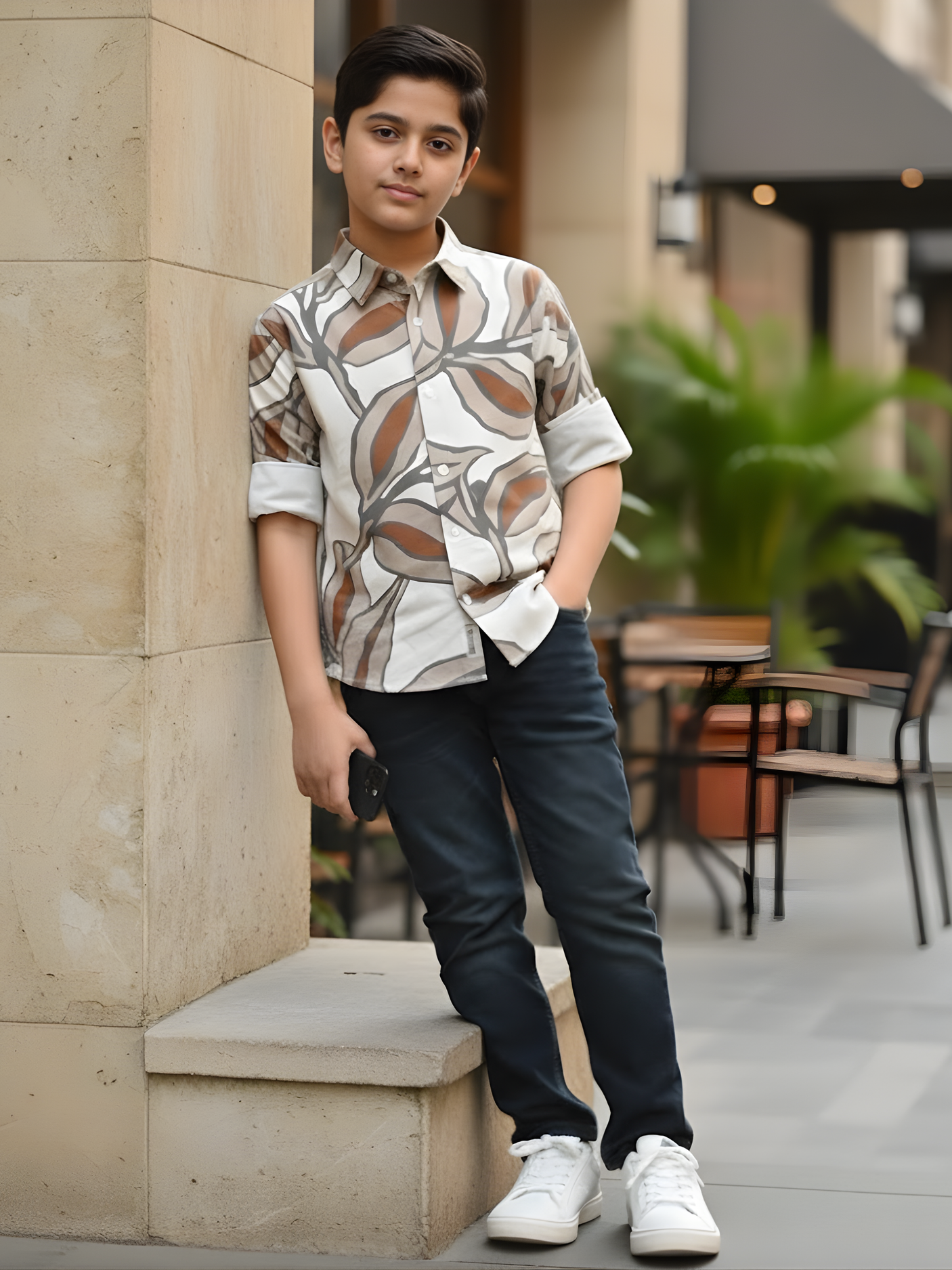 Boys Cream Abstract Large-Leaf Print Casual Shirt