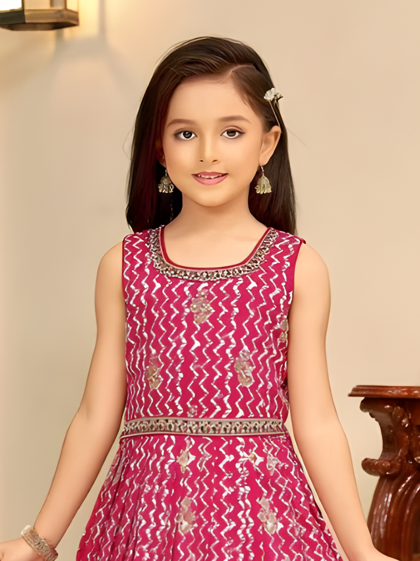 Girls Elegant Rani Pink Geometric Print Anarkali Gown
