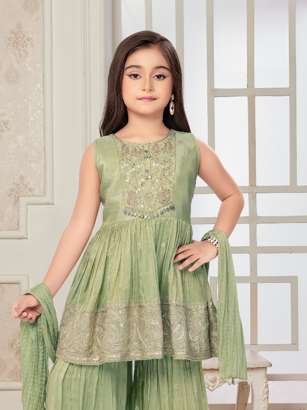 Girls Traditional Sleeves Less Sharara Set - Green