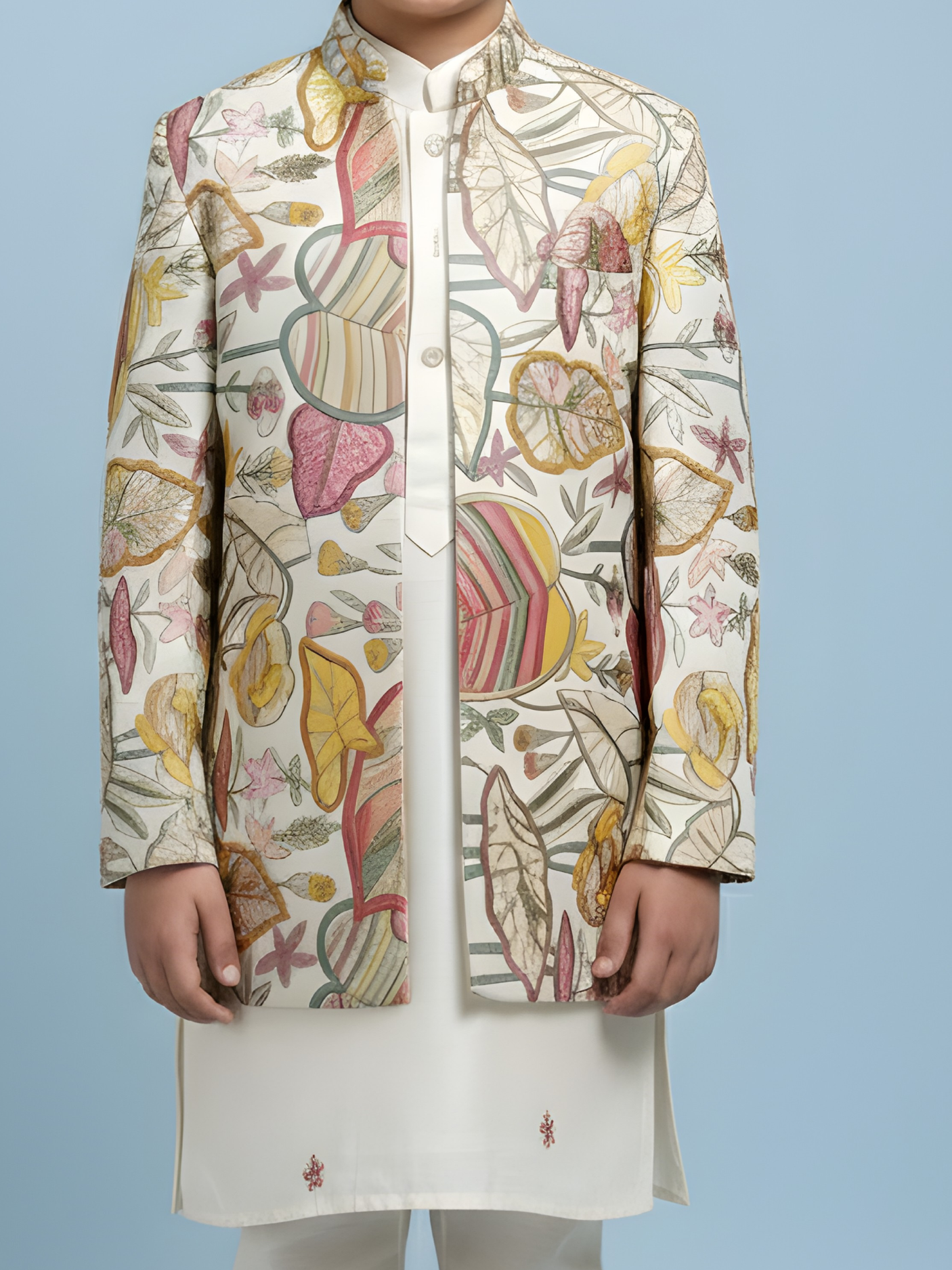 Boys' Cream Kurta Pajama with Multi-Color Jacket