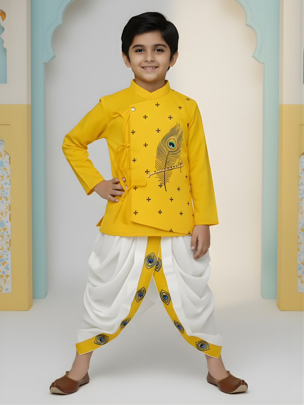 Boys' Yellow Printed Angrakha Kurta and White Dhoti Set