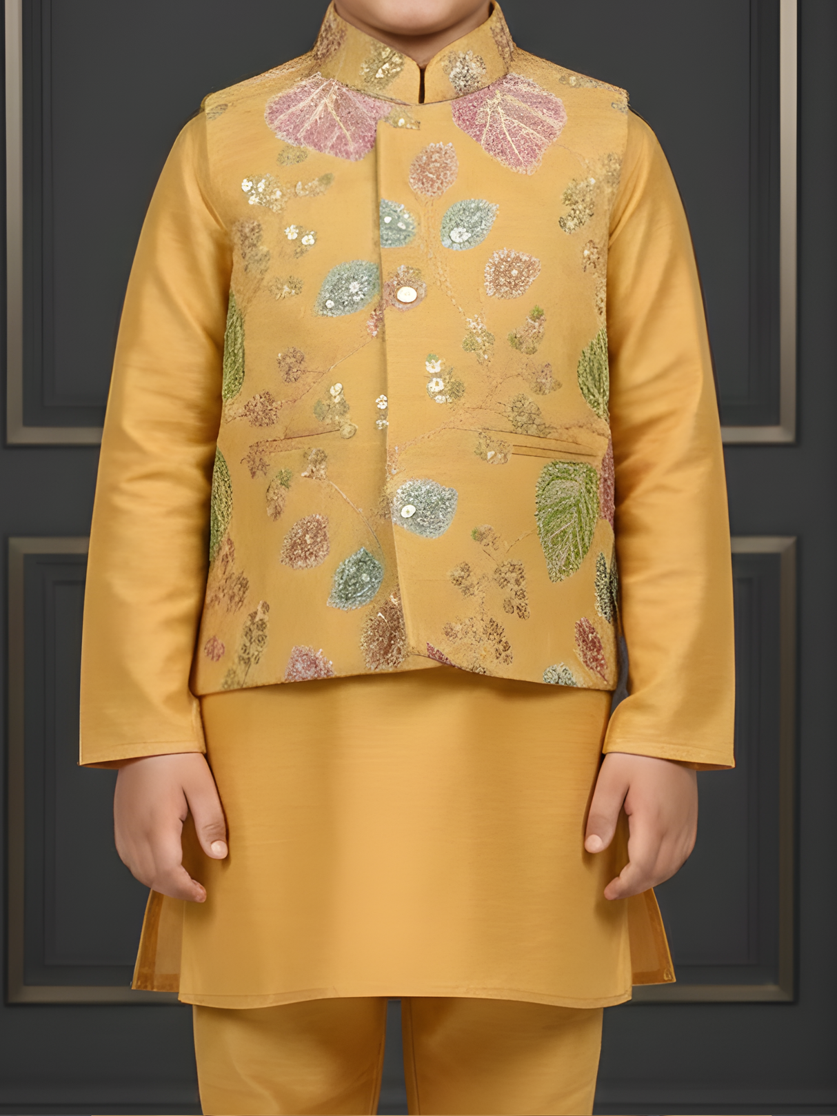 Boys Mustard Yellow Silk Kurta Set with Embroidered Nehru Jacket