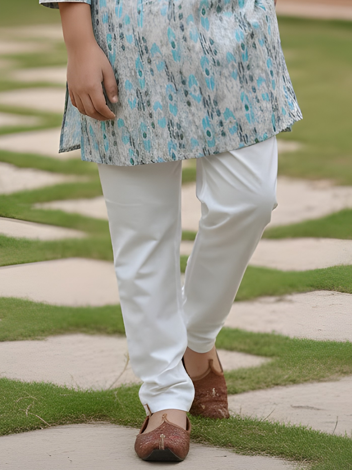 Premium Light Blue Geometric Pattern Kurta with White Pajama