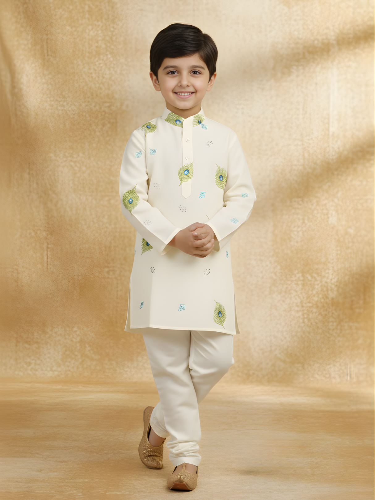 Boys' Off-White Kurta Pajama Set with Peacock Feather Print