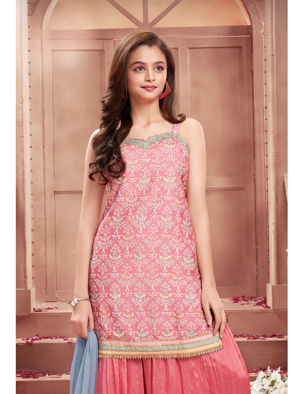 Girls' Festive Red Floral Print Sleeveless Top, Pleated Palazzo Set