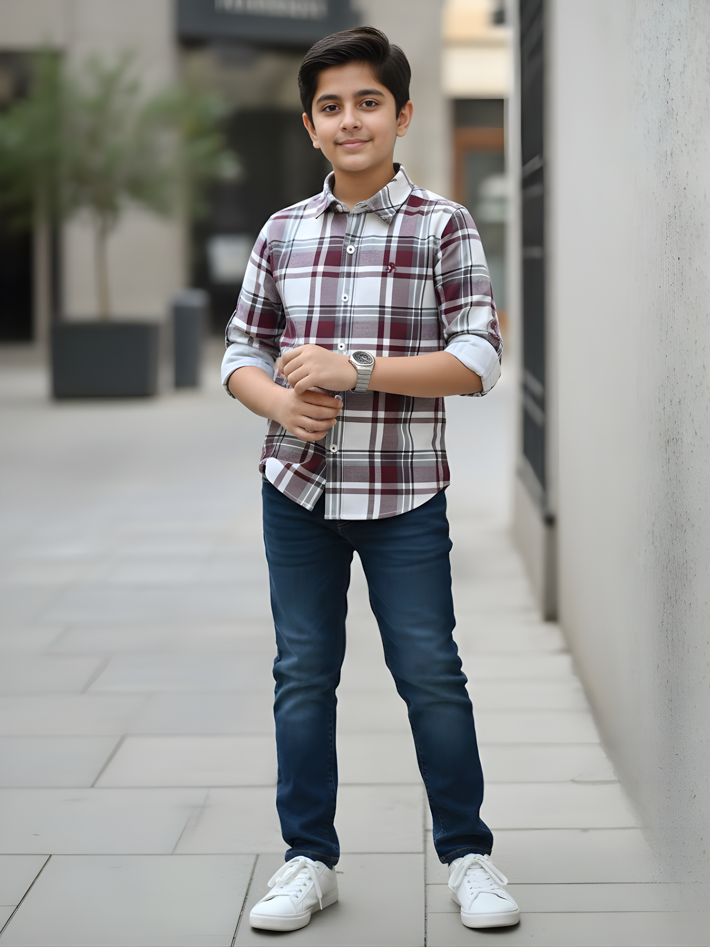 Boys Maroon and Grey Plaid Check Casual Shirt