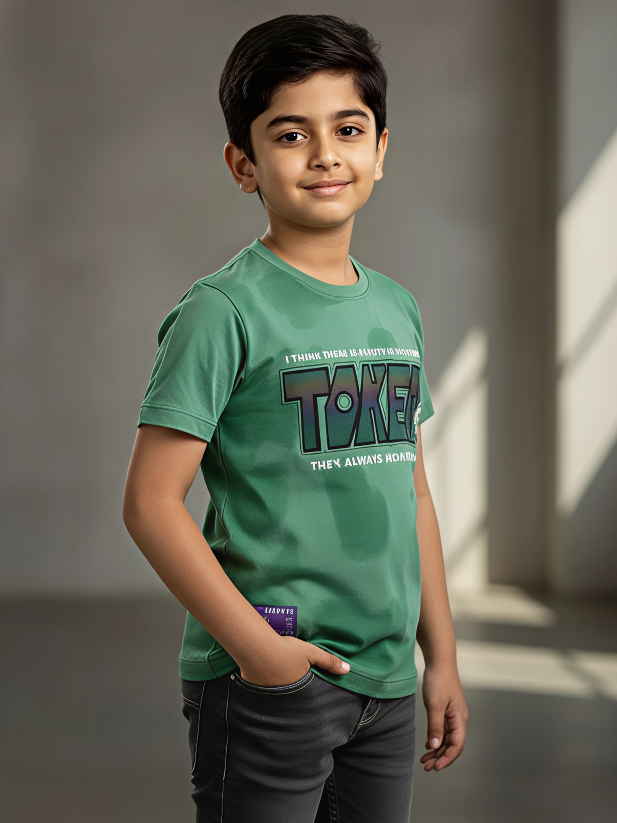 Kids' 'Token' Statement Graphic T-Shirt - Dual-Tone Green Tie-Dye.