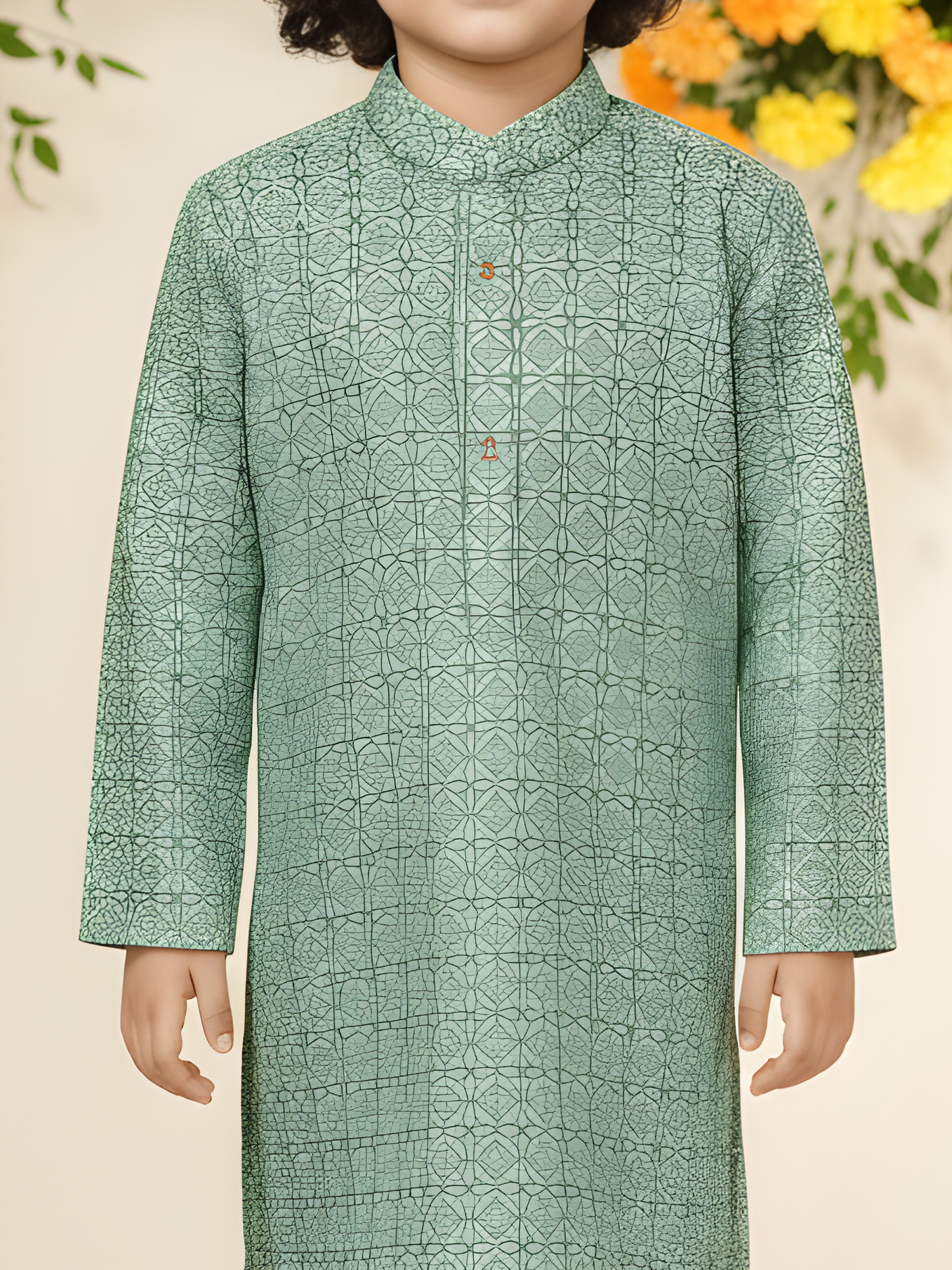 Boys' Mint Green Geometric Print Kurta Pajama Set