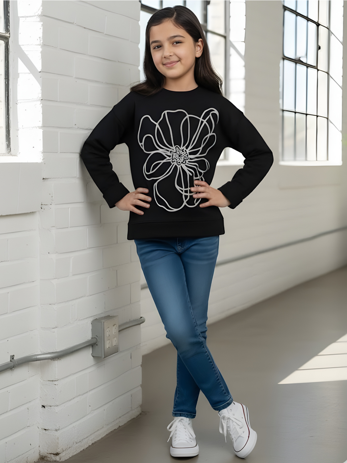 Girls' Black Long Sleeve T-Shirt with White Floral Graphic