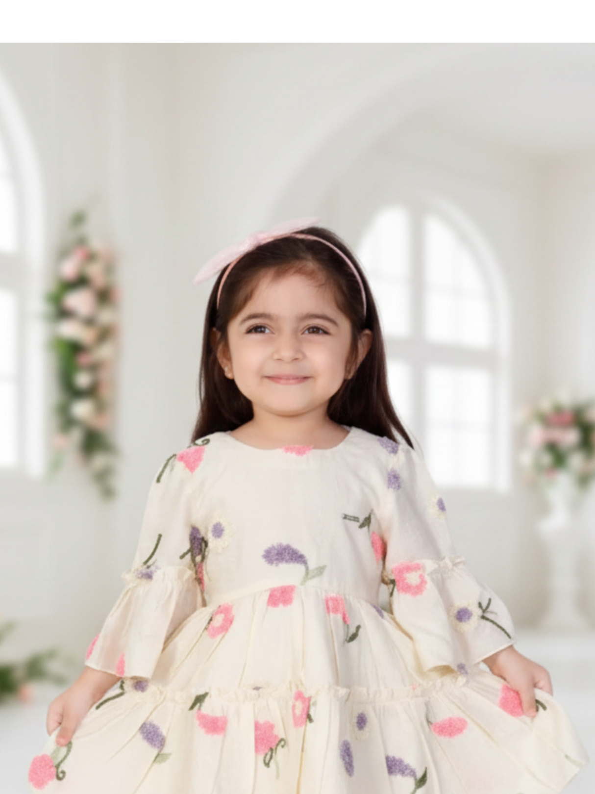 Boho Chic Cream Frock with Vibrant Floral Embroidery & Bell Sleeves