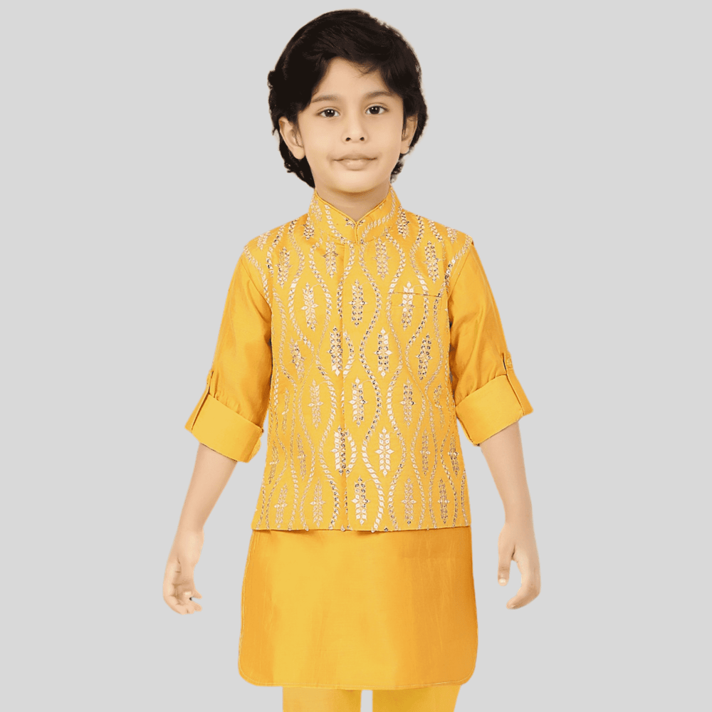 Boys Traditional With Work Chudidar Kurta with Koti - Gold