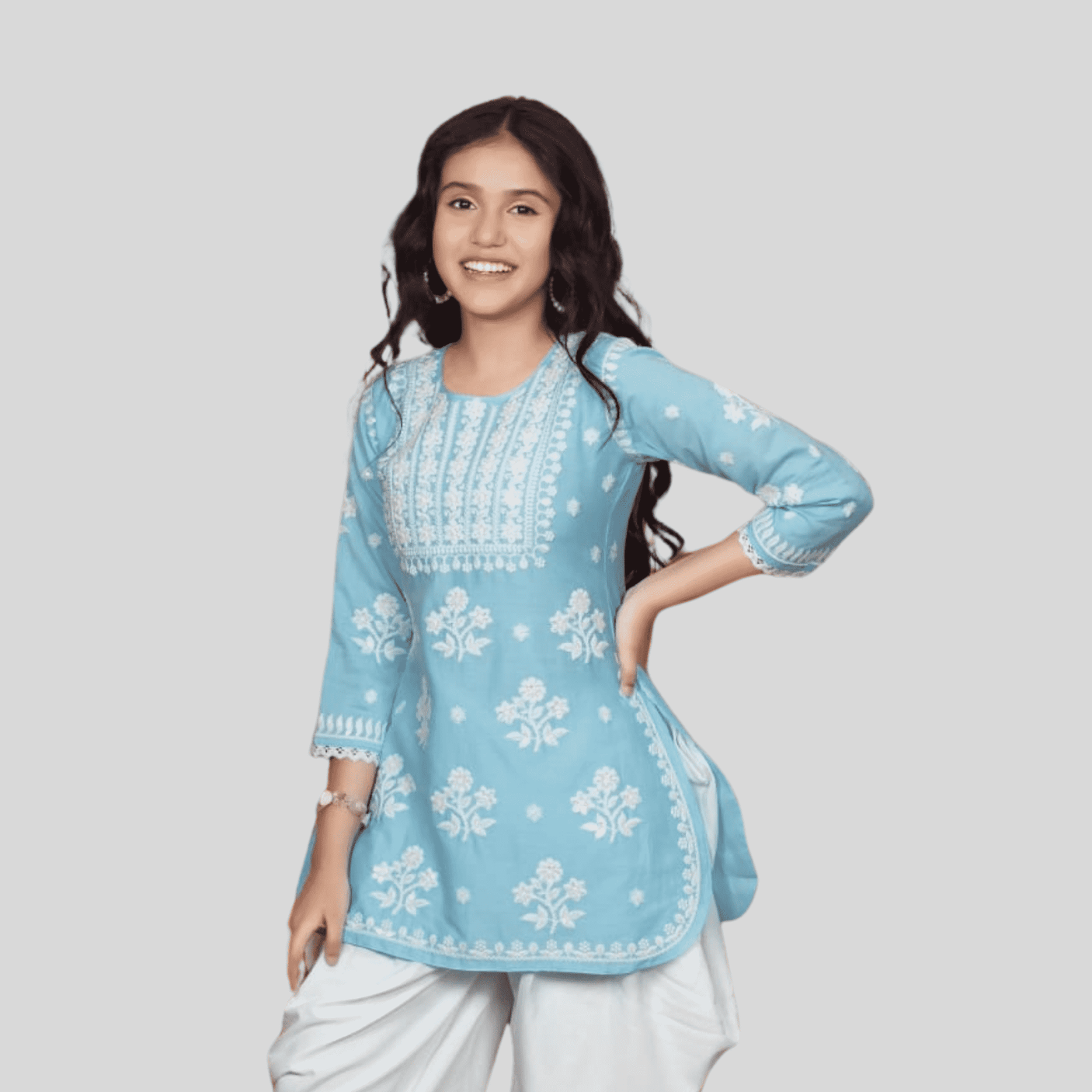 Girls Traditional 3/4th Sleeves Patiala Set - Sky Blue