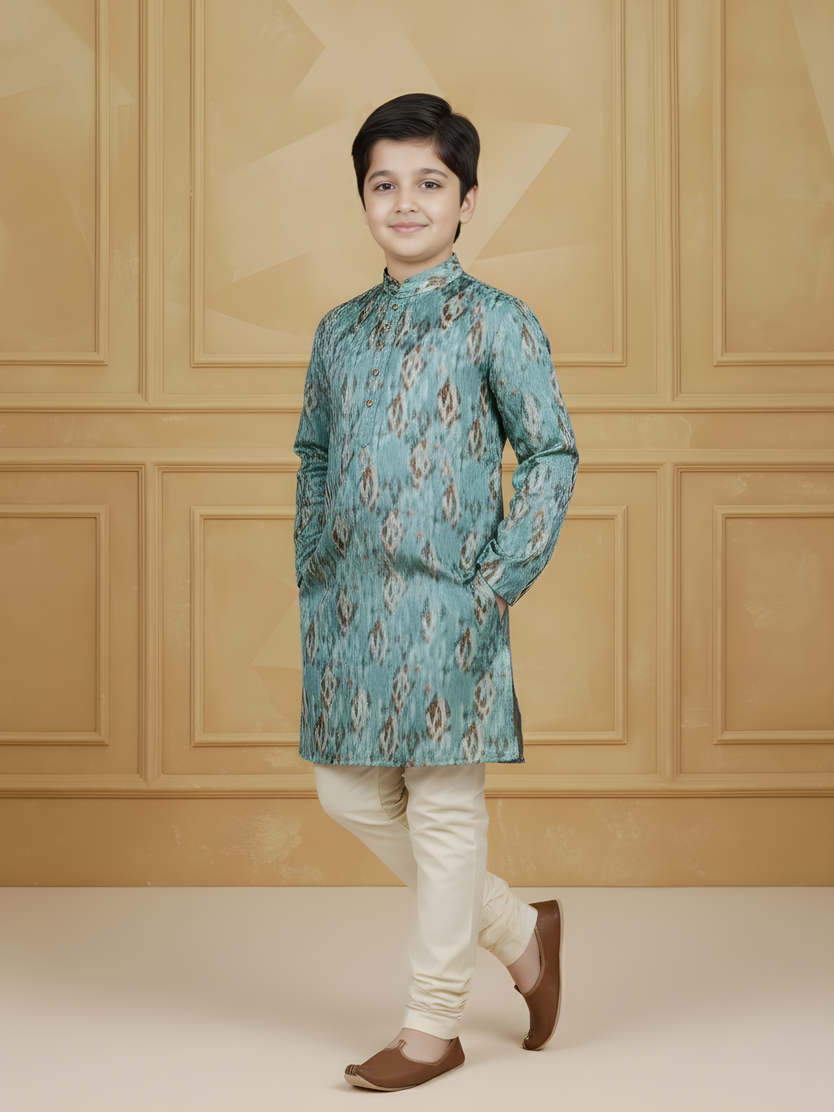 Boys' Tonal Blue and Green Geometric Tiled Print Kurta Set
