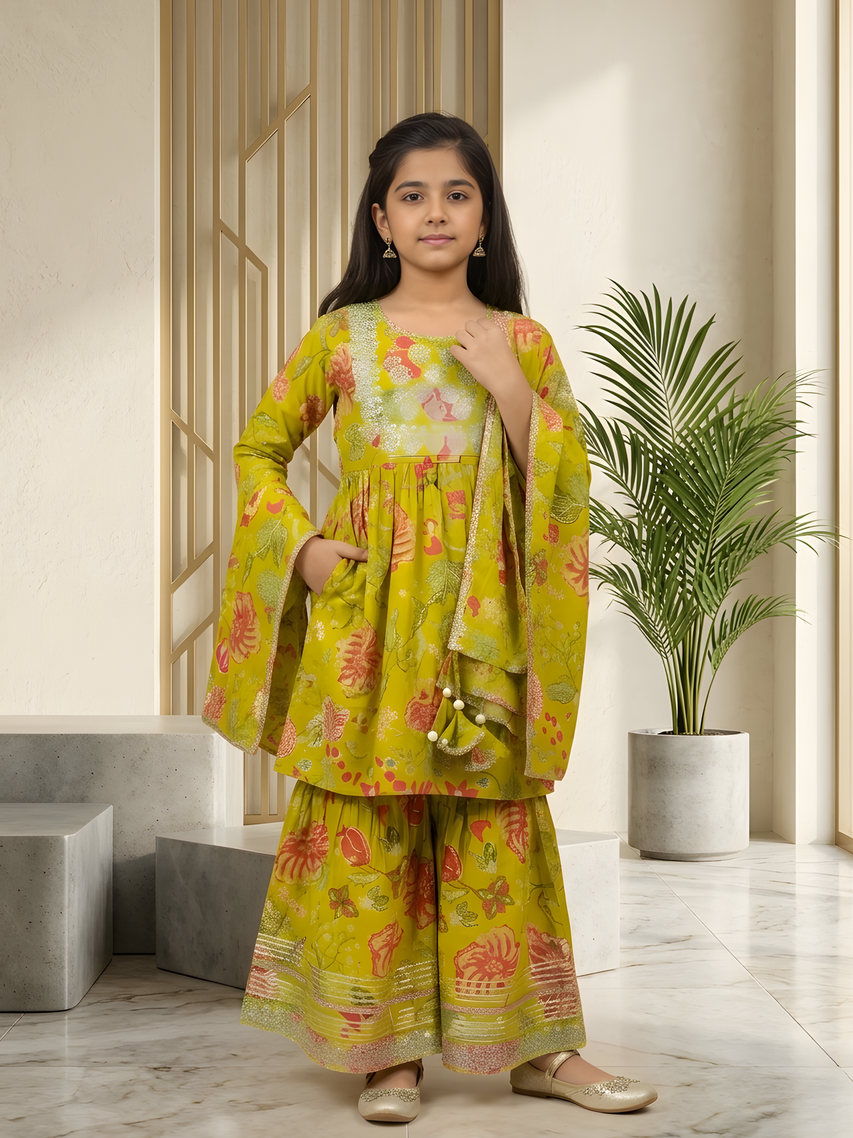 Girls Lime Green Floral Print Sharara Set with Dupatta
