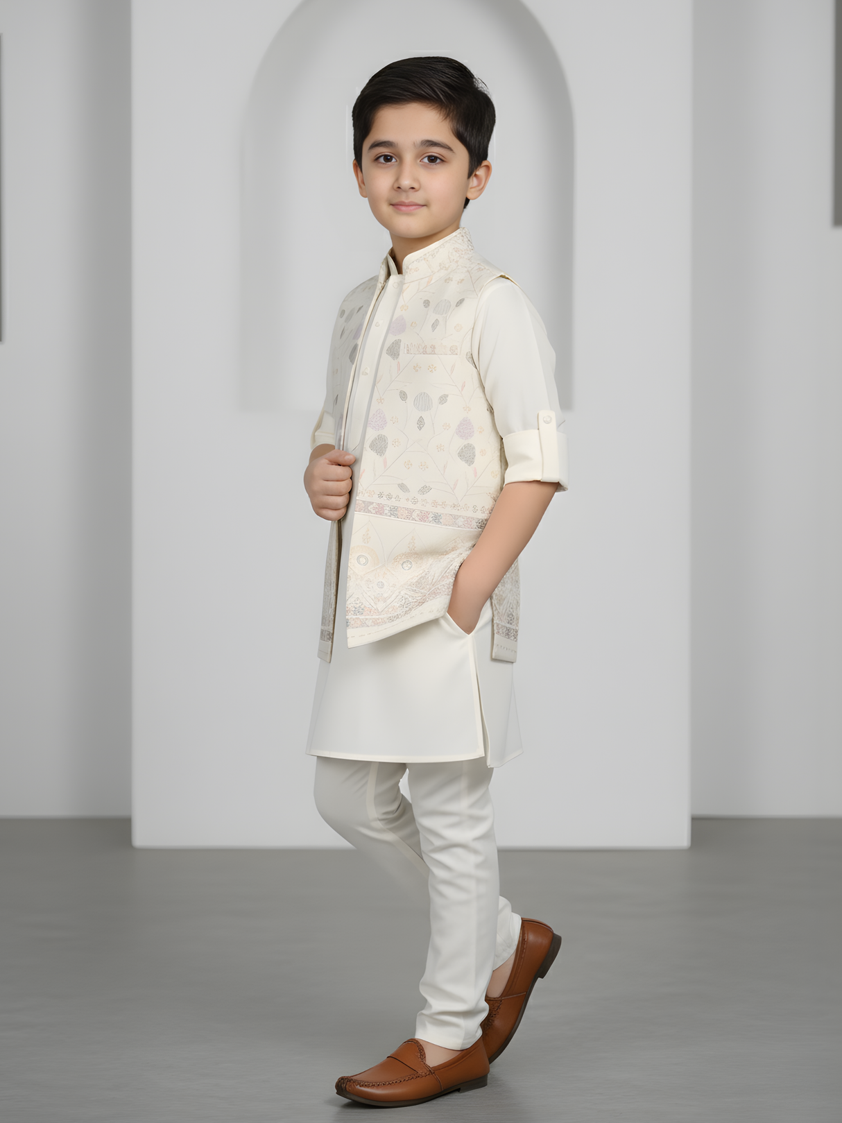 Boys' Classic Cream Solid Kurta and Pajama Set