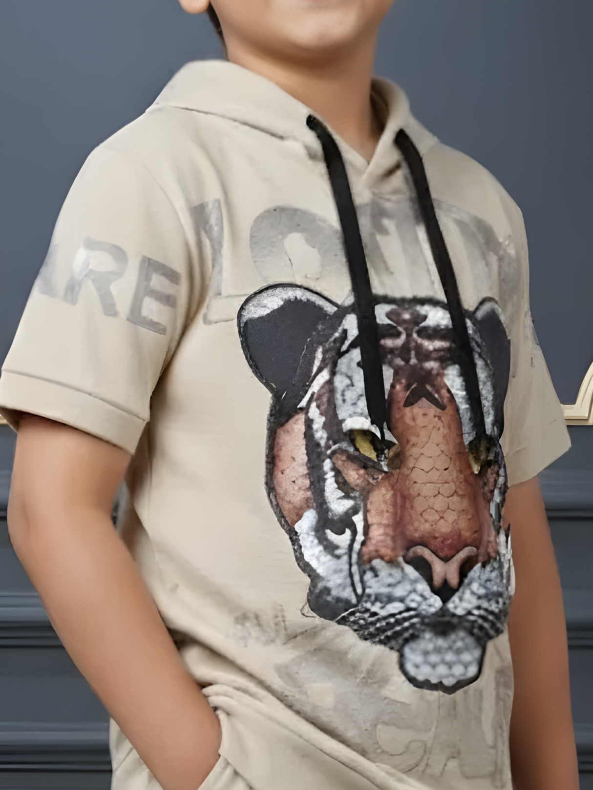 Boys' Cream Tiger Graphic Short Sleeve Hoodie