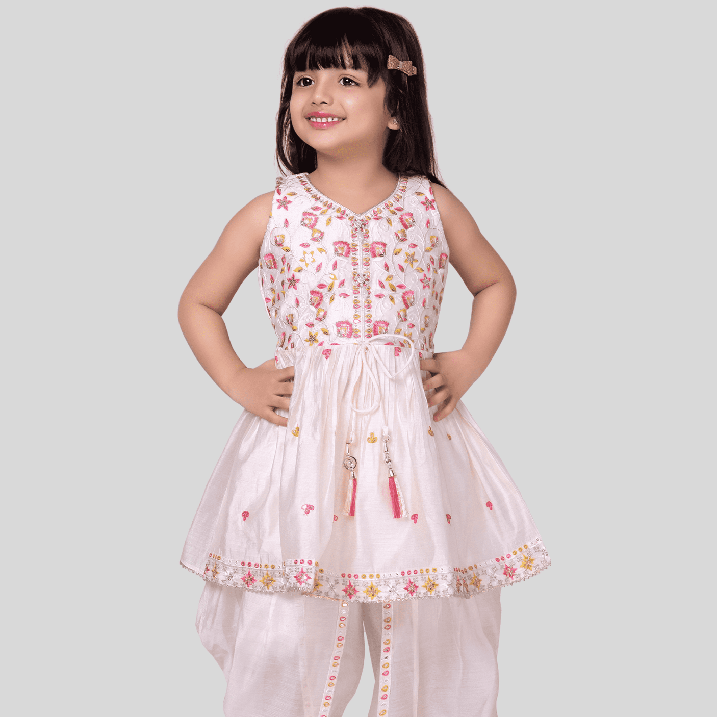 Girls' Cream Embroidered Peplum Kurti and Dhoti Set
