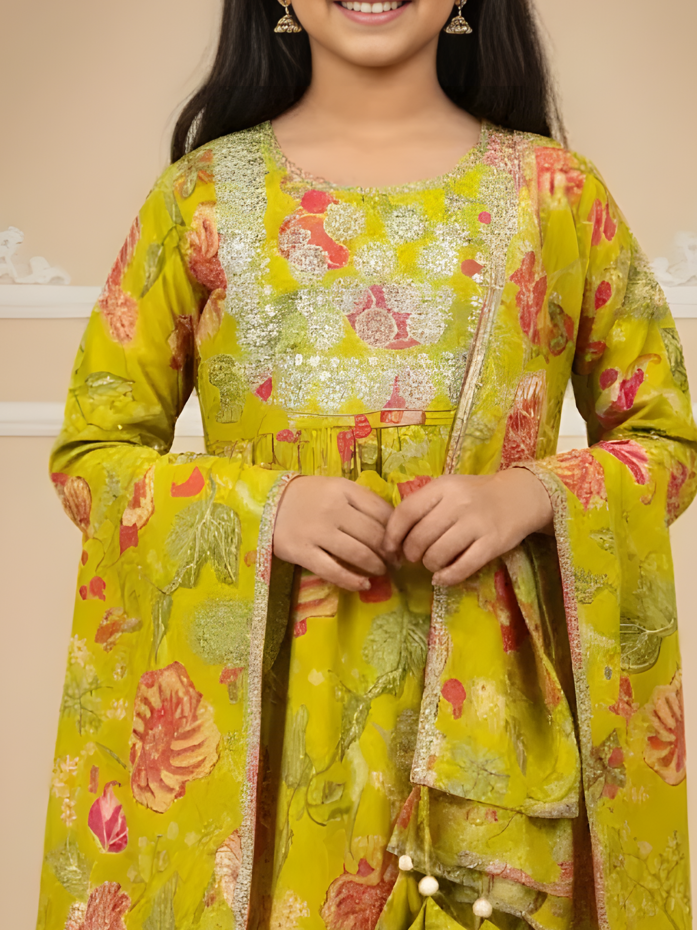 Girls Lime Green Floral Print Sharara Set with Dupatta