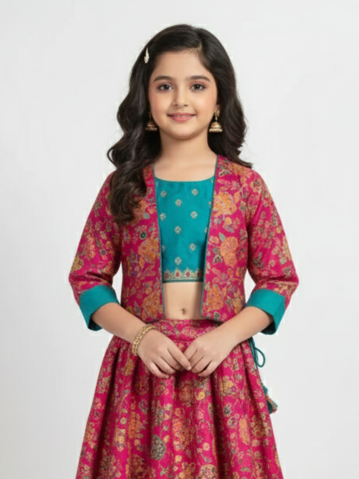 Girls' Fuchsia Pink Embroidered Choli, Striped Lehenga & Net Dupatta Set