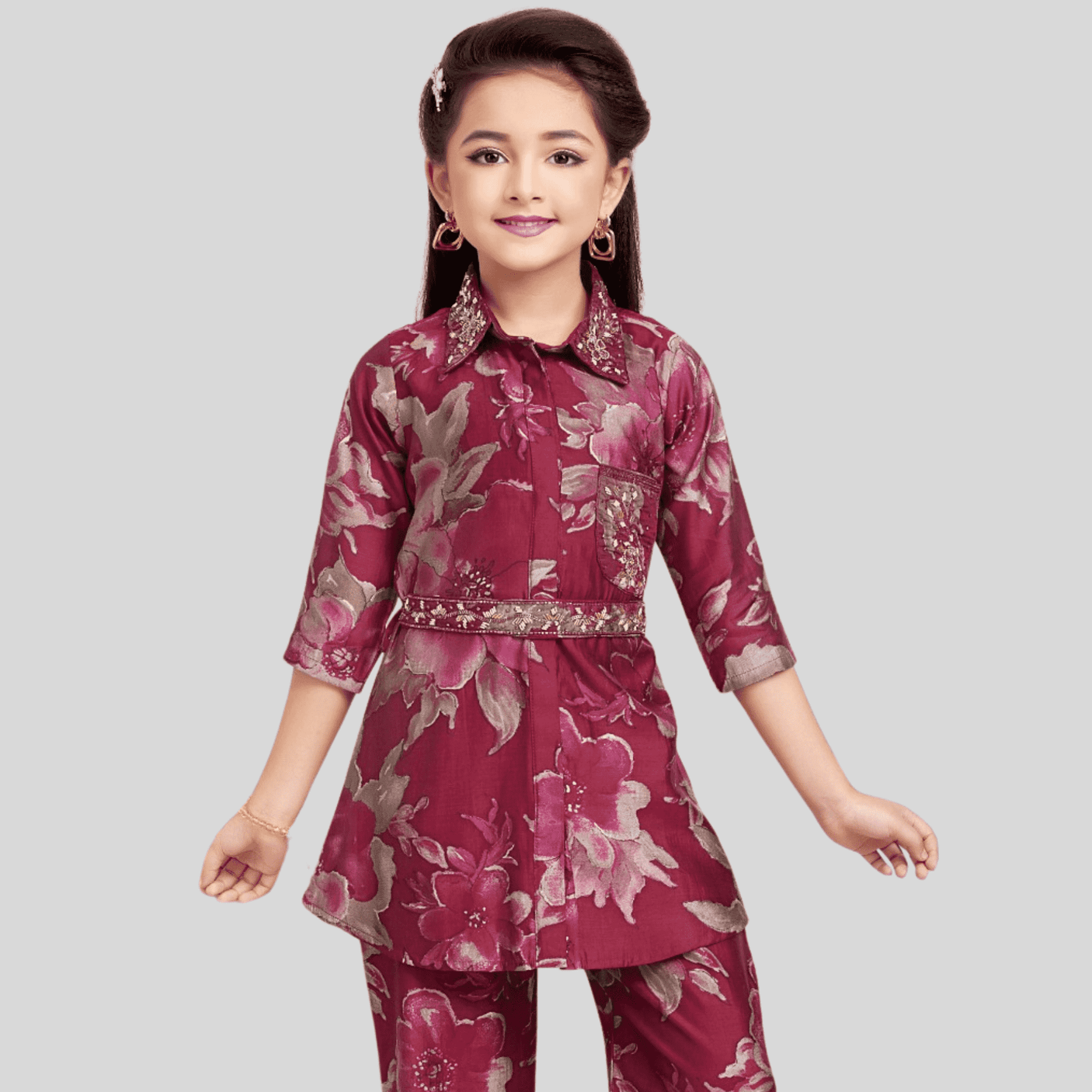 Girls Traditional 3/4th Sleeves Pant Set - Maroon