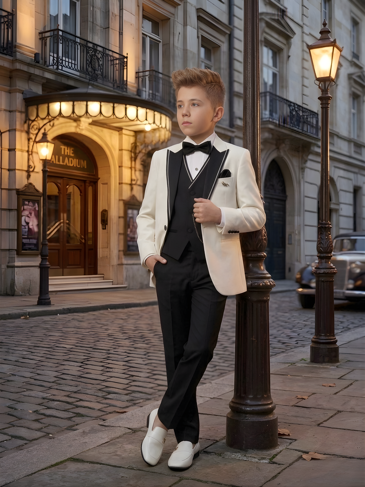 Boys' Cream/White Tuxedo Coat Suit with Black Trousers and Bow Tie