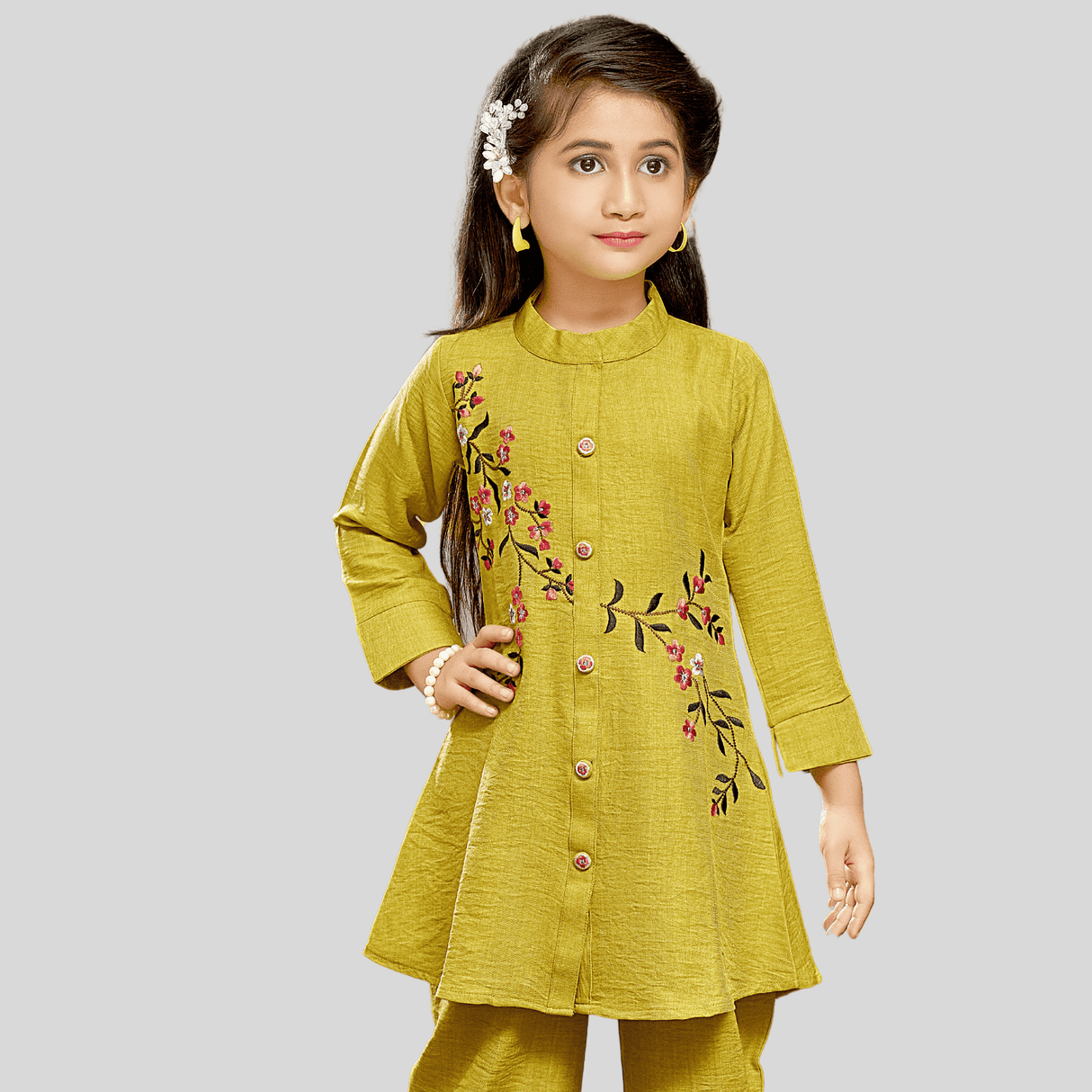 Girls Traditional Full Sleeves Plazo Set - Yellow