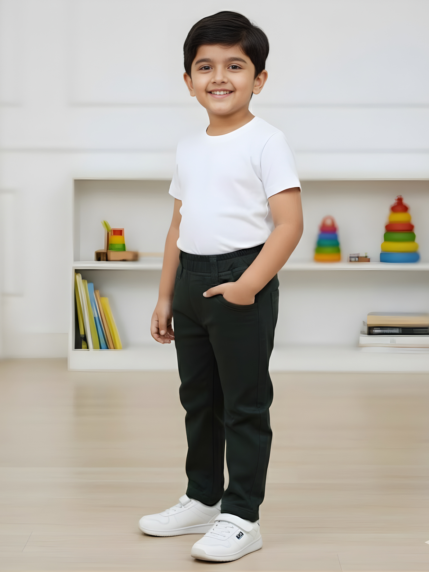 Boys' Dark Green Comfort Fit Casual Pants