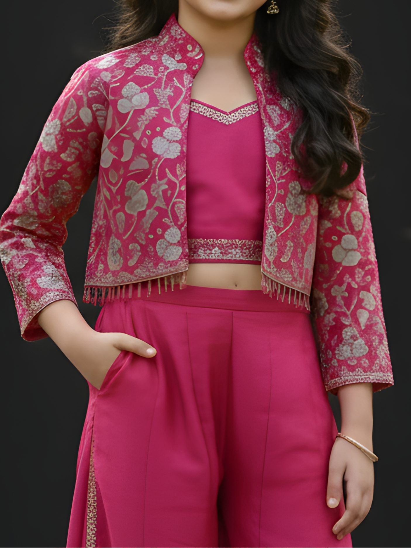 Girls Rani Pink Embroidered Jacket and Palazzo Set