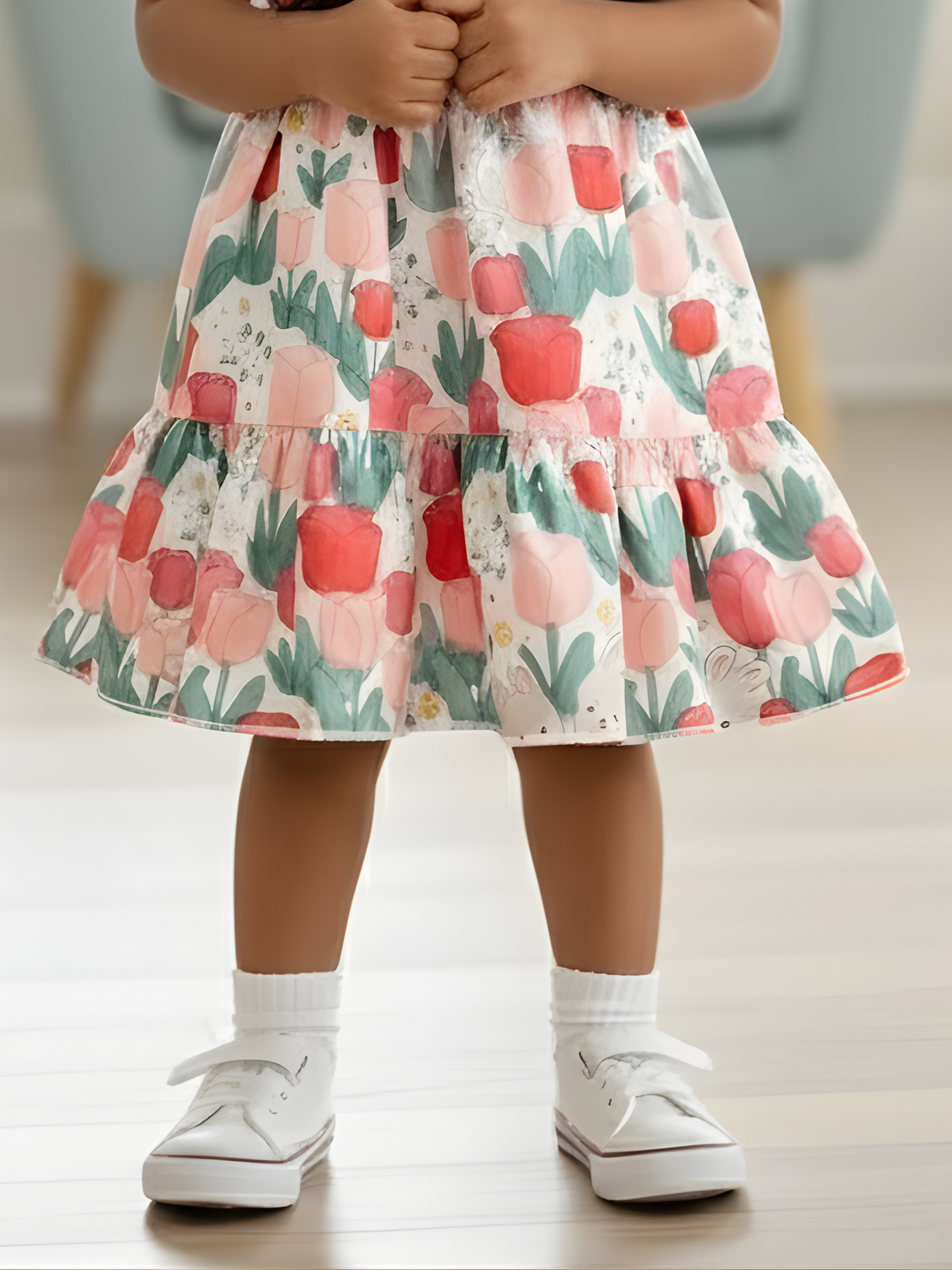 Girls' Mint Green Tulip & Bunny Print Tiered Summer Frock