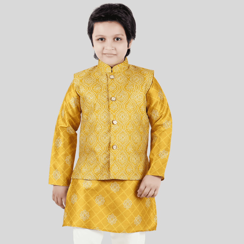 Boys Traditional Printed Chudidar Kurta with Koti - Yellow