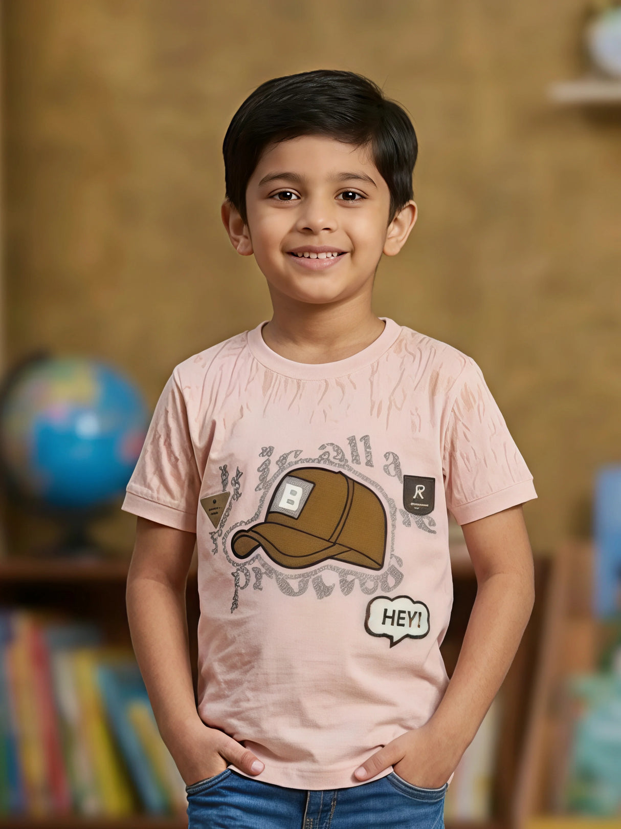 Boys' Peach Graphic Print Cotton T-Shirt