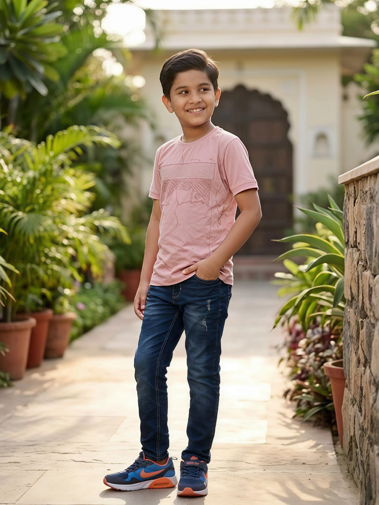 Boy's Trendy Graphic Print Pink Cotton T-Shirt