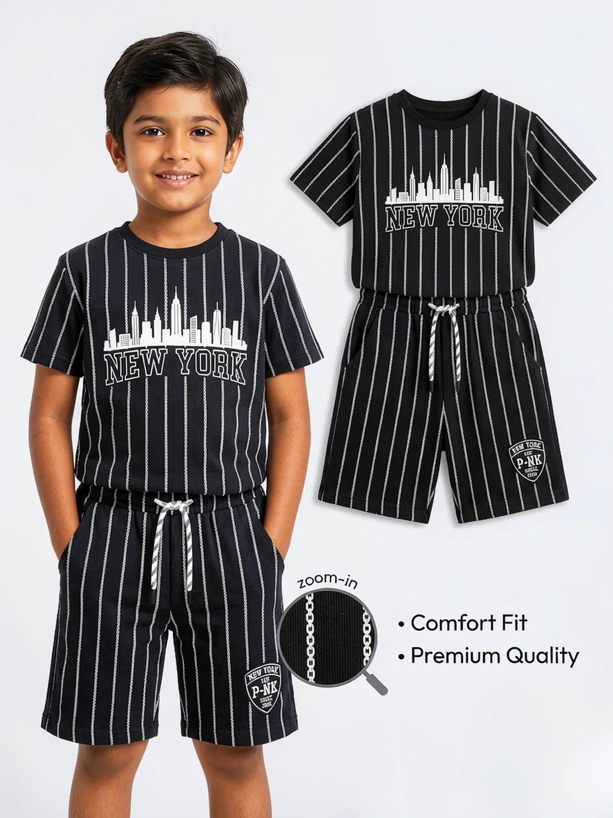 Boys Black New York Pinstripe Cotton Co-ord Set.
