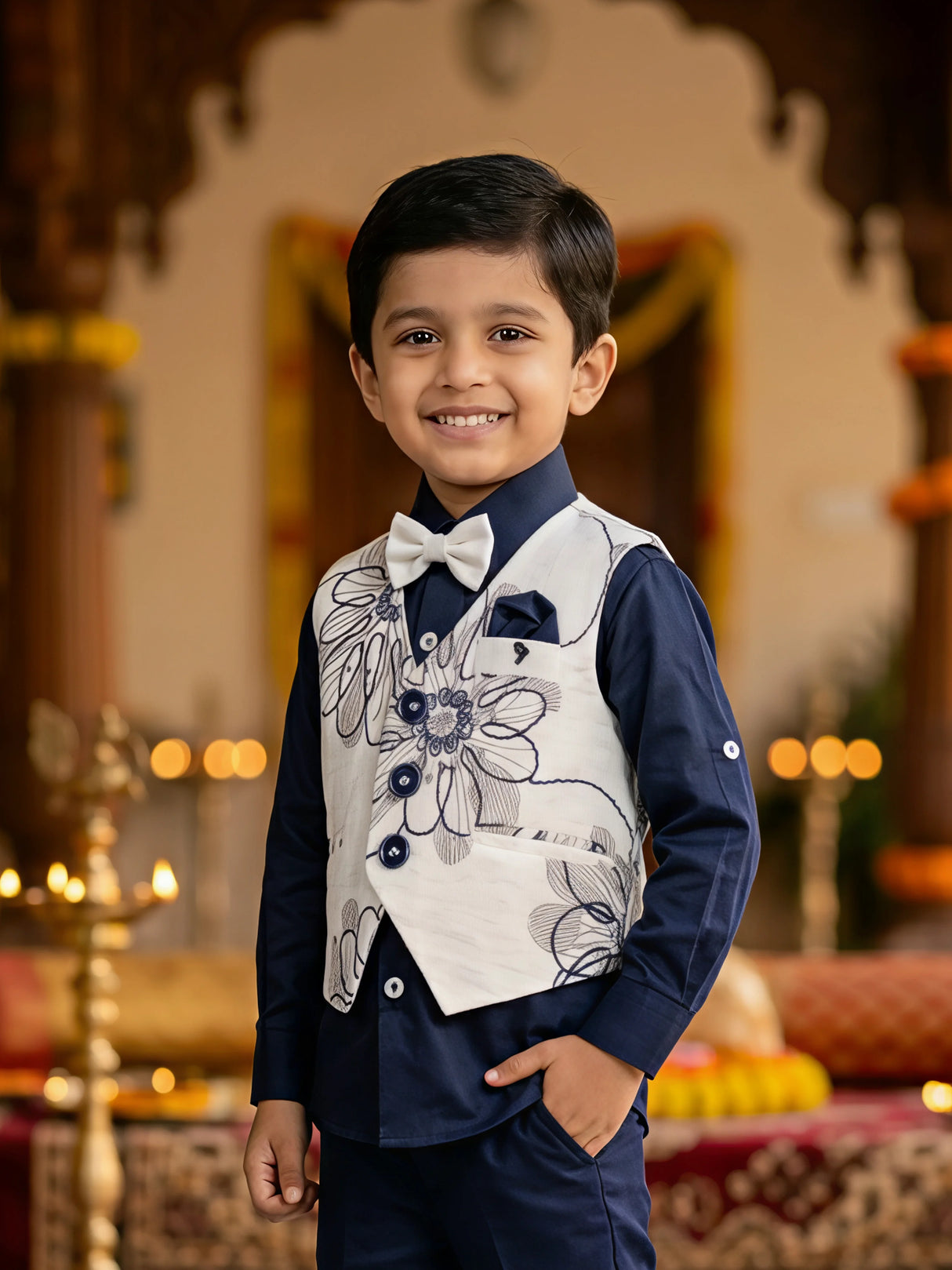 Boys Navy Blue Floral Waistcoat Set