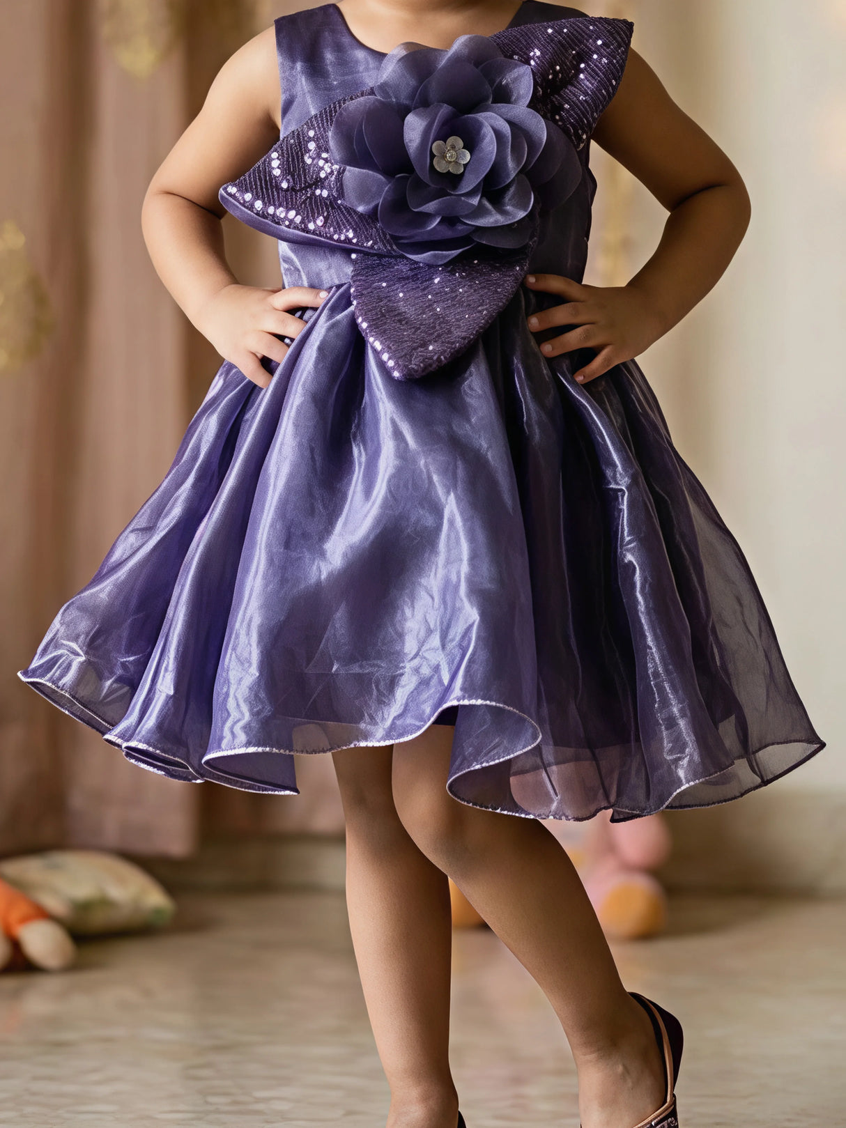 Purple Shimmer Baby Girl Party Dress with 3D Flower & Bow.